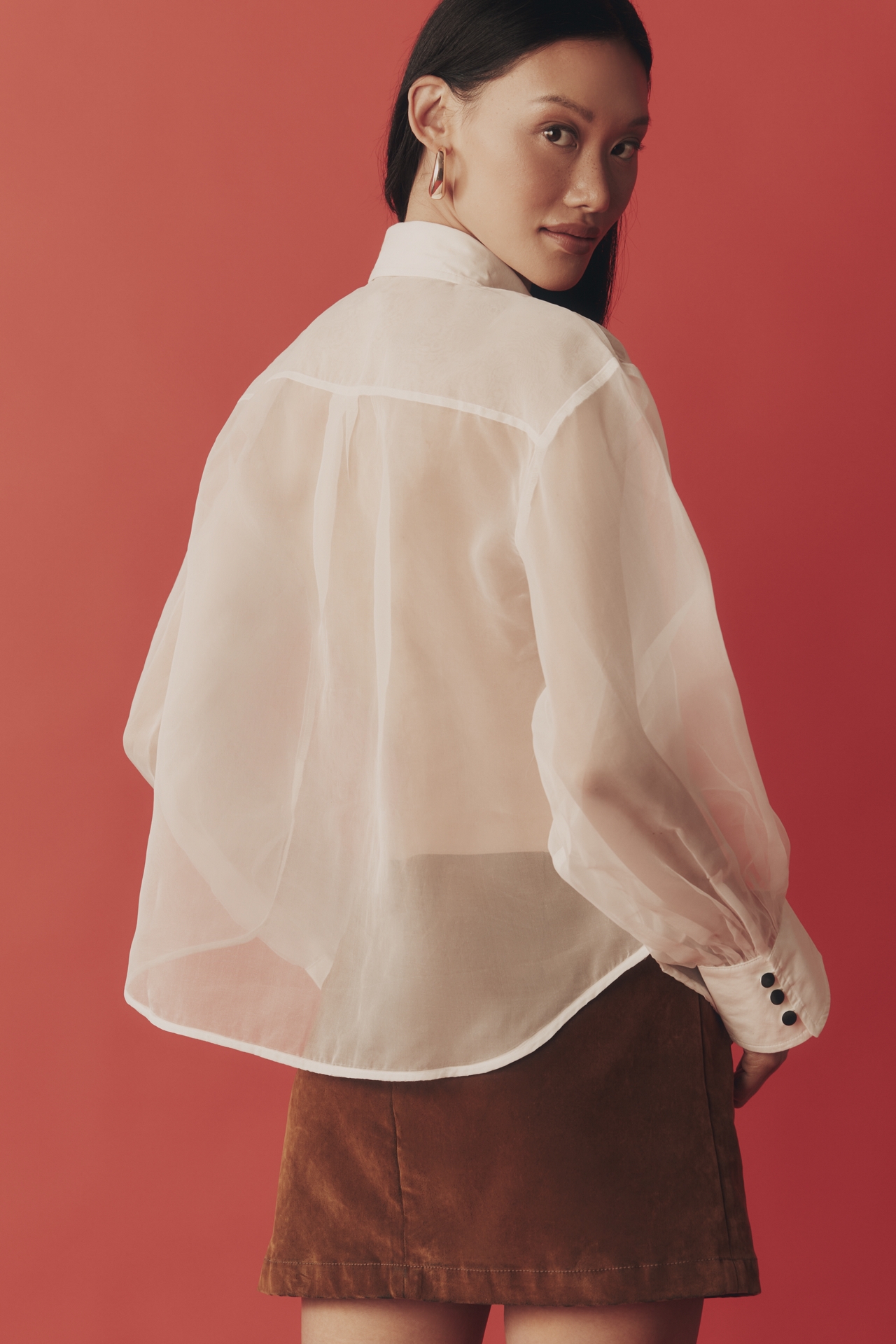 By Anthropologie Sheer Cuffed Organza Buttondown Top