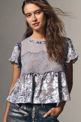 By Anthropologie Short-sleeve Velvet Burnout Swing Top In Silver