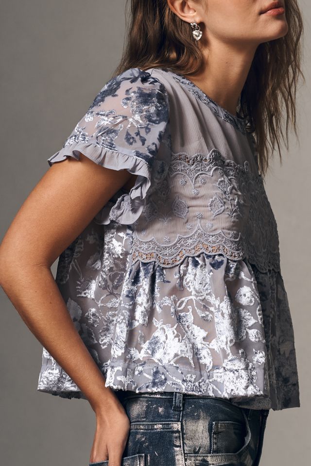 By Anthropologie Blusa Swing de Terciopelo Desgastado de Manga Corta #2