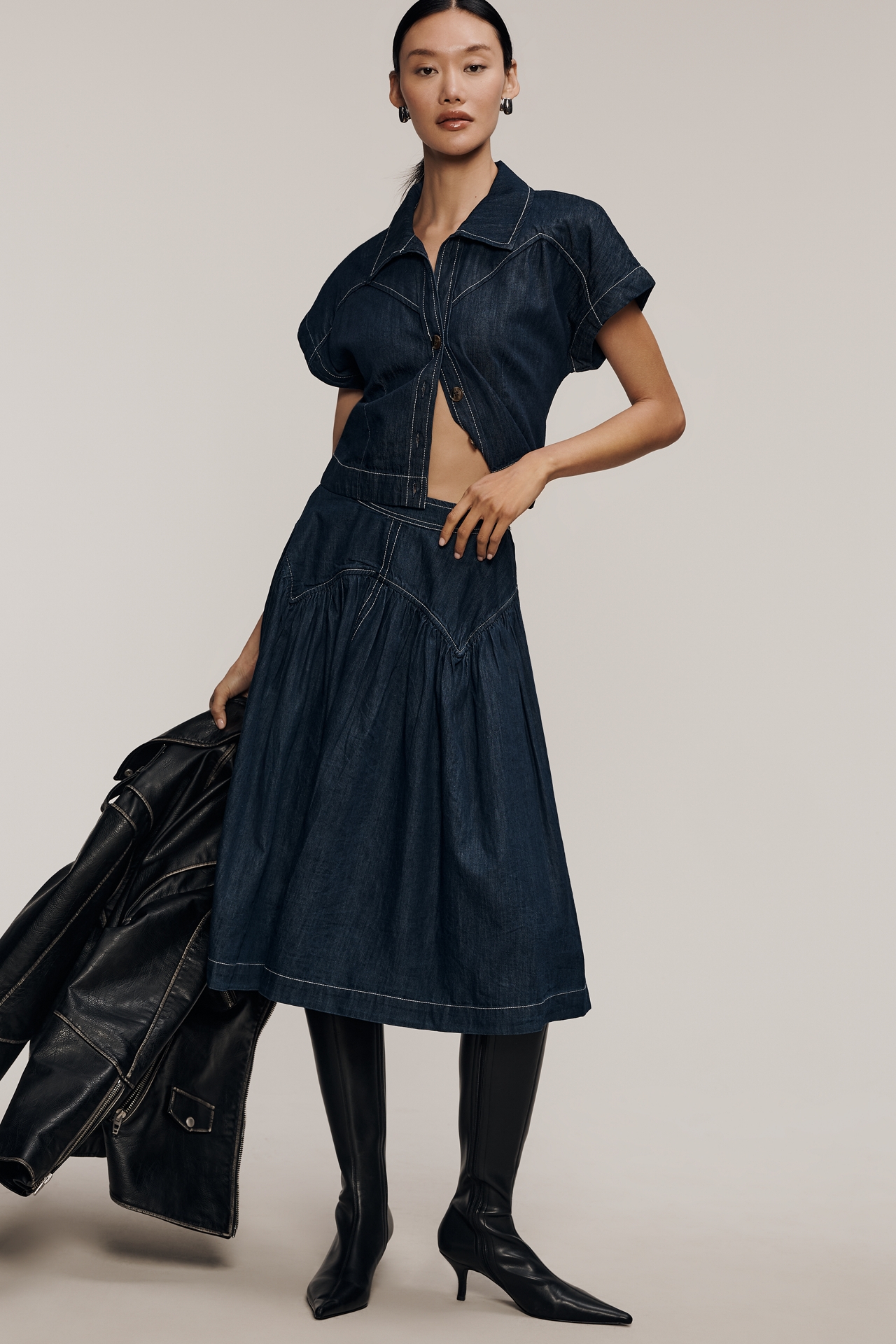 Maeve Denim Short Sleeve Crop Button-Front Top