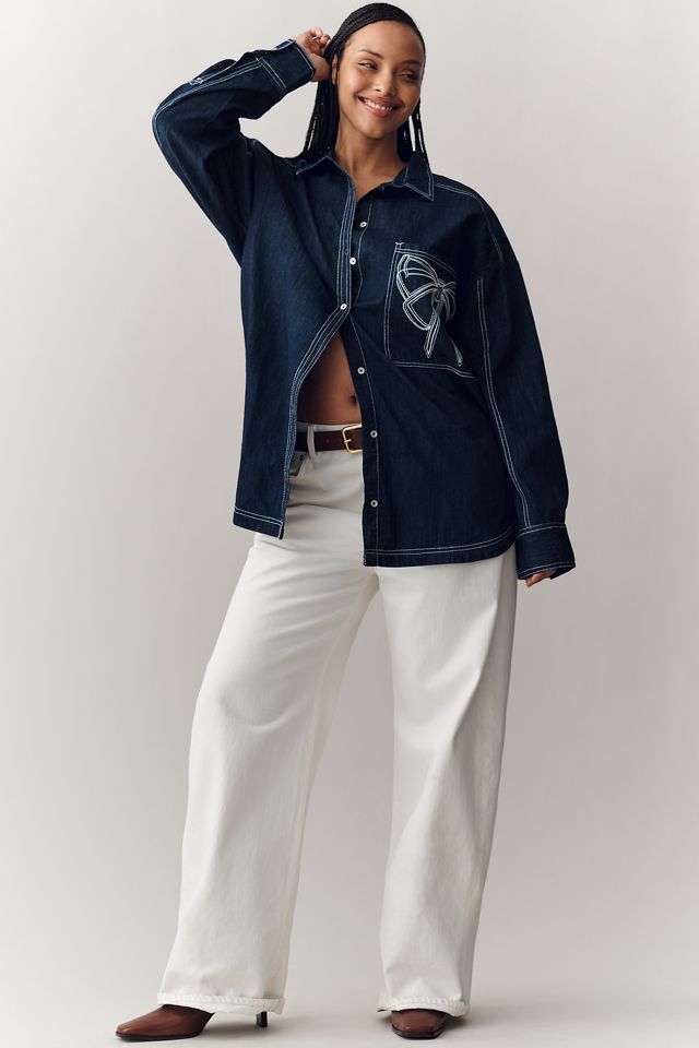 Pilcro Denim Long-Sleeve Embroidered Bow Buttondown Shirt #5