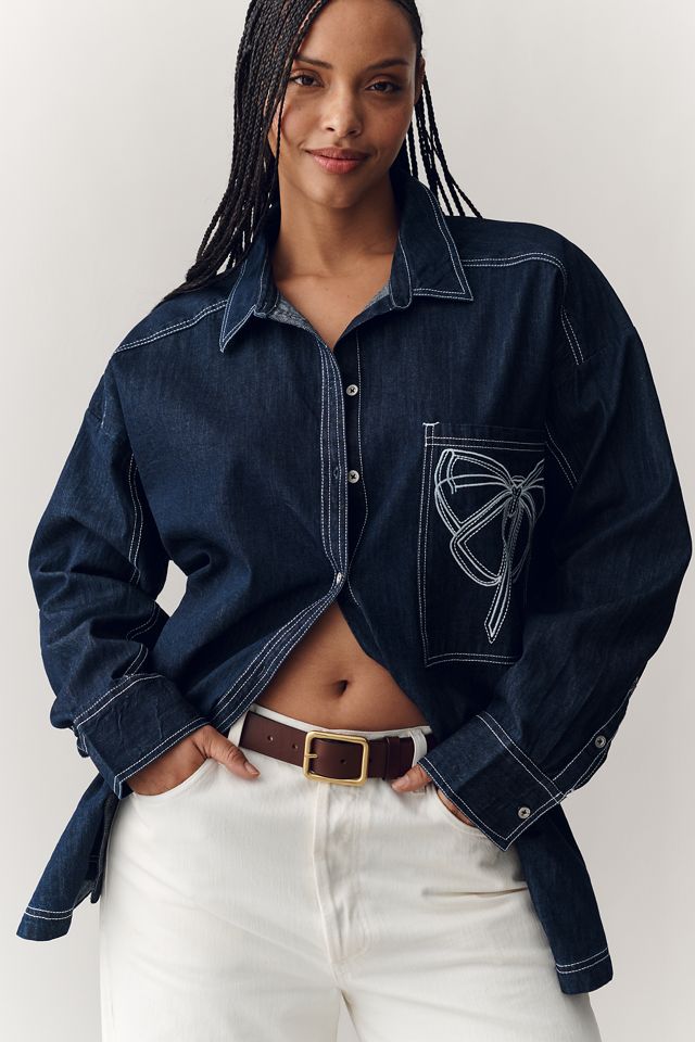 Pilcro Denim Long-Sleeve Embroidered Bow Buttondown Shirt #6