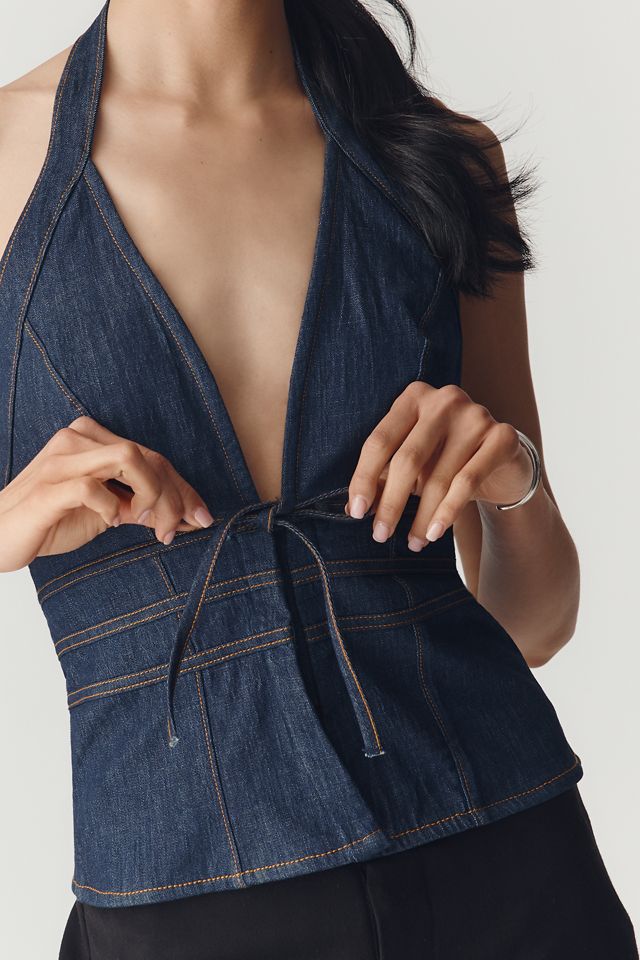 By Anthropologie Denim Tie Halter Top #4