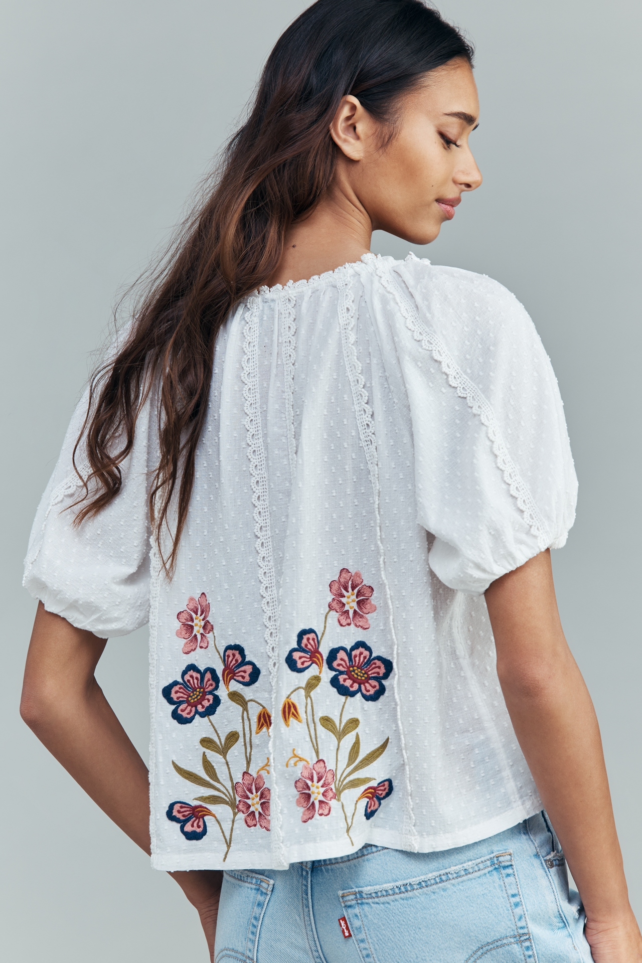 By Anthropologie 100% Cotton Embroidered Puff-Sleeve Blouse