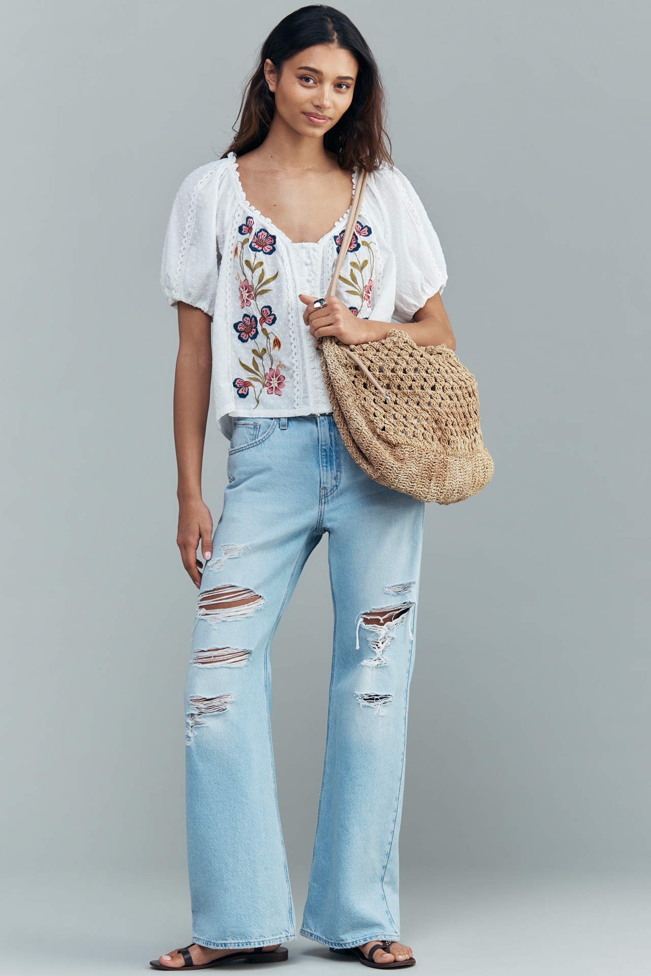 By Anthropologie 100% Cotton Embroidered Puff-Sleeve Blouse