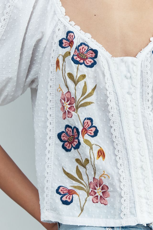 By Anthropologie 100% Cotton Embroidered Puff-Sleeve Blouse