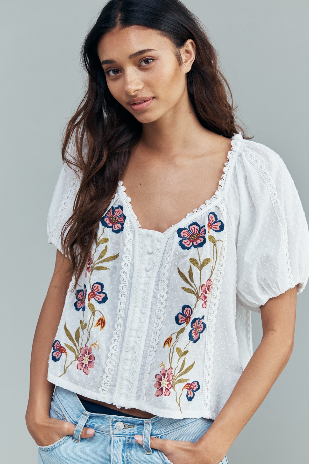 By Anthropologie 100% Cotton Embroidered Puff-Sleeve Blouse