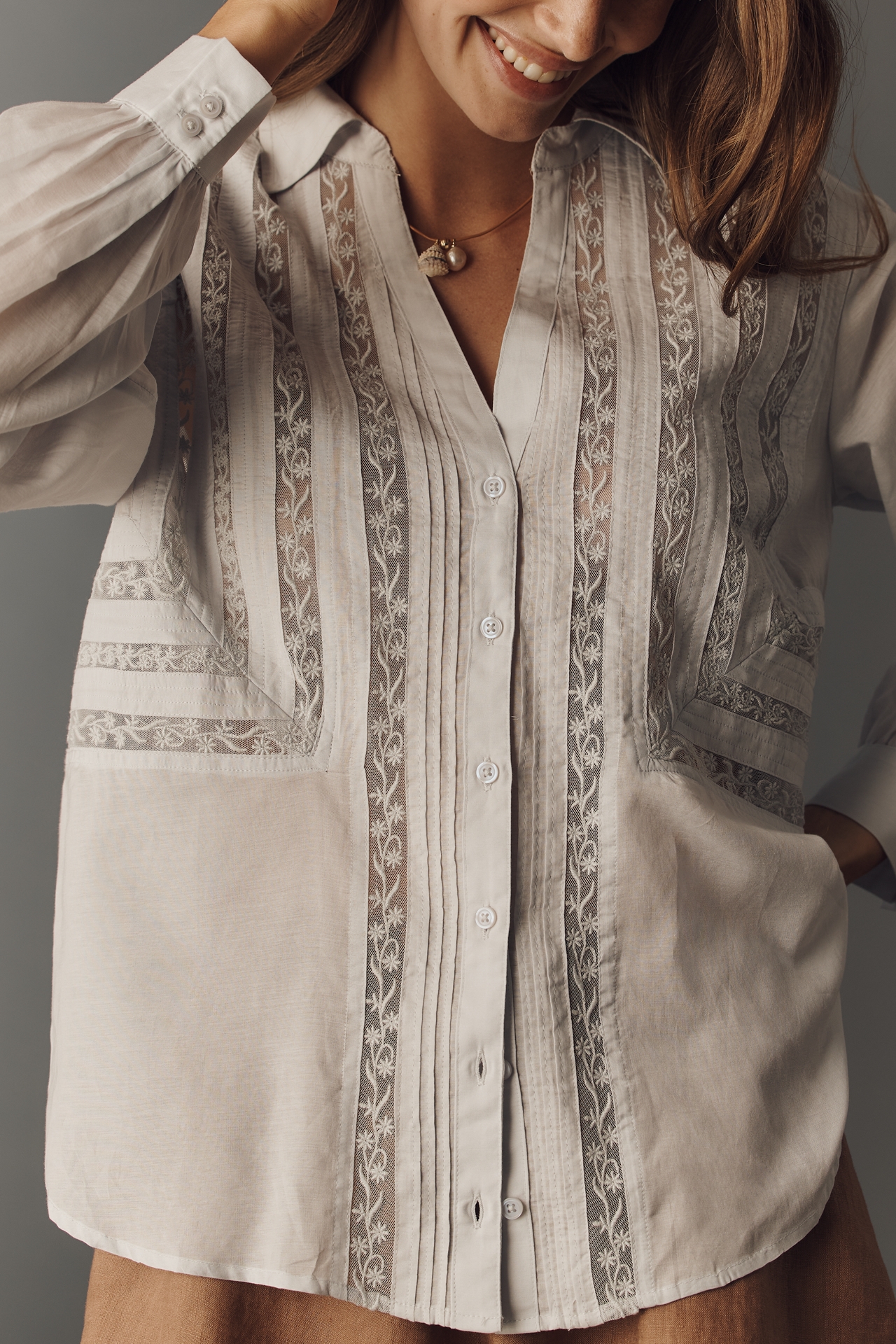 By Anthropologie Lace Inset Long-Sleeve Buttondown Top