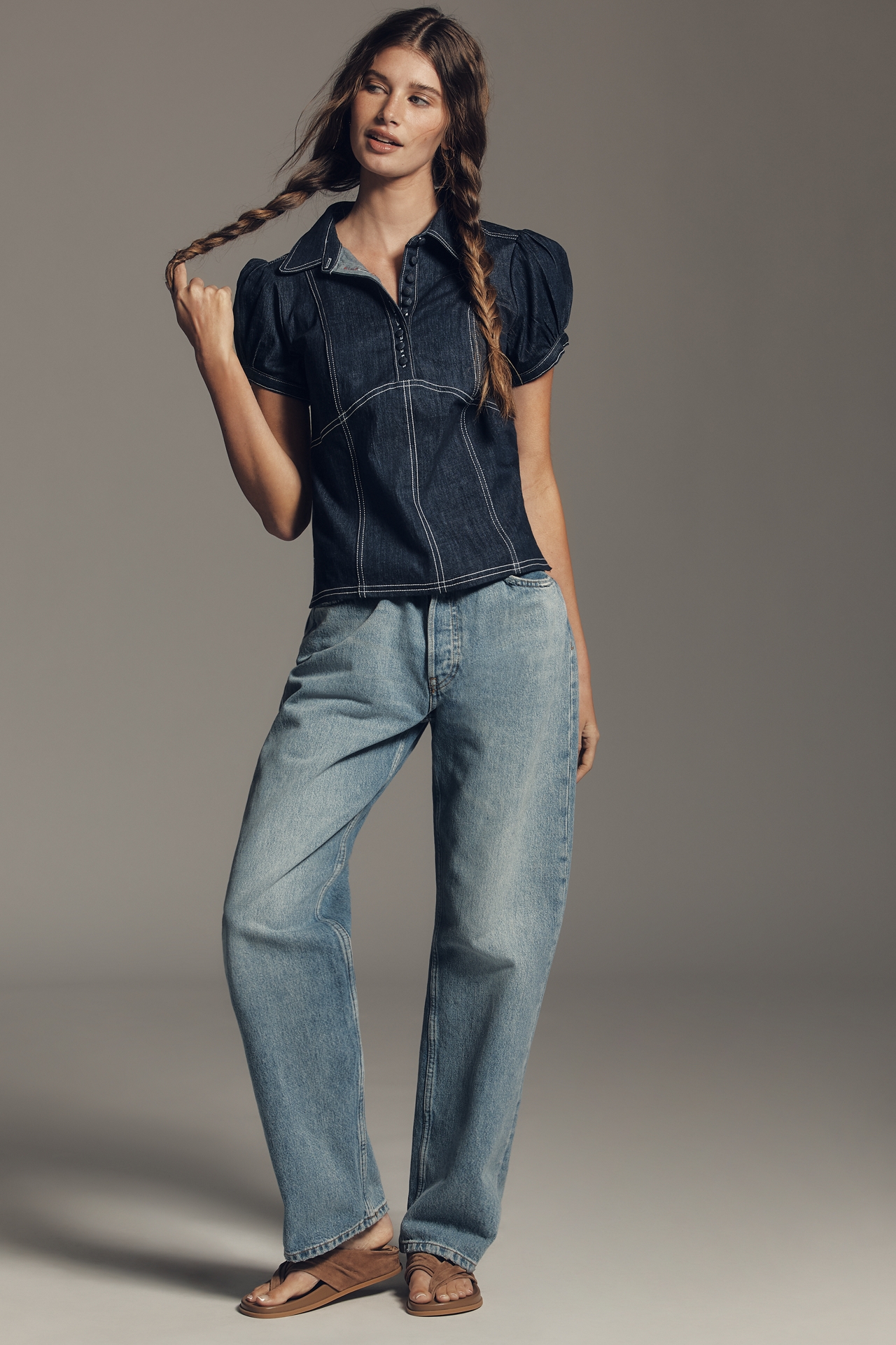 Pilcro Denim Puff Sleeve Top