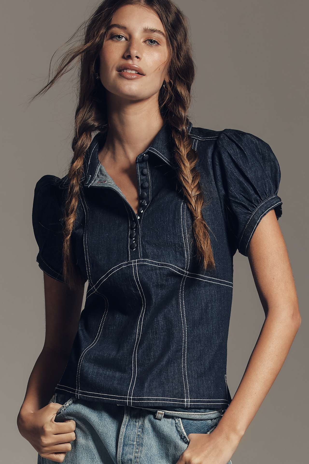 Pilcro Denim Puff Sleeve Top