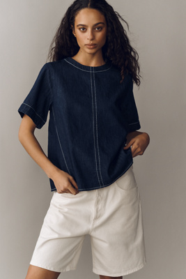 The Emmy Denim Short-Sleeve Swing Blouse by Maeve