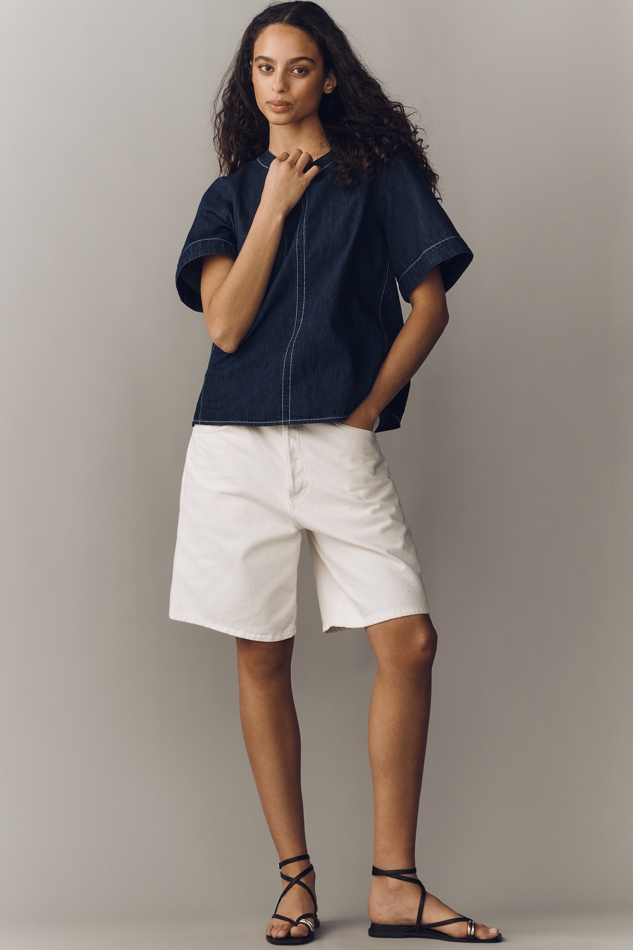 The Emmy Denim Short-Sleeve Swing Blouse by Maeve