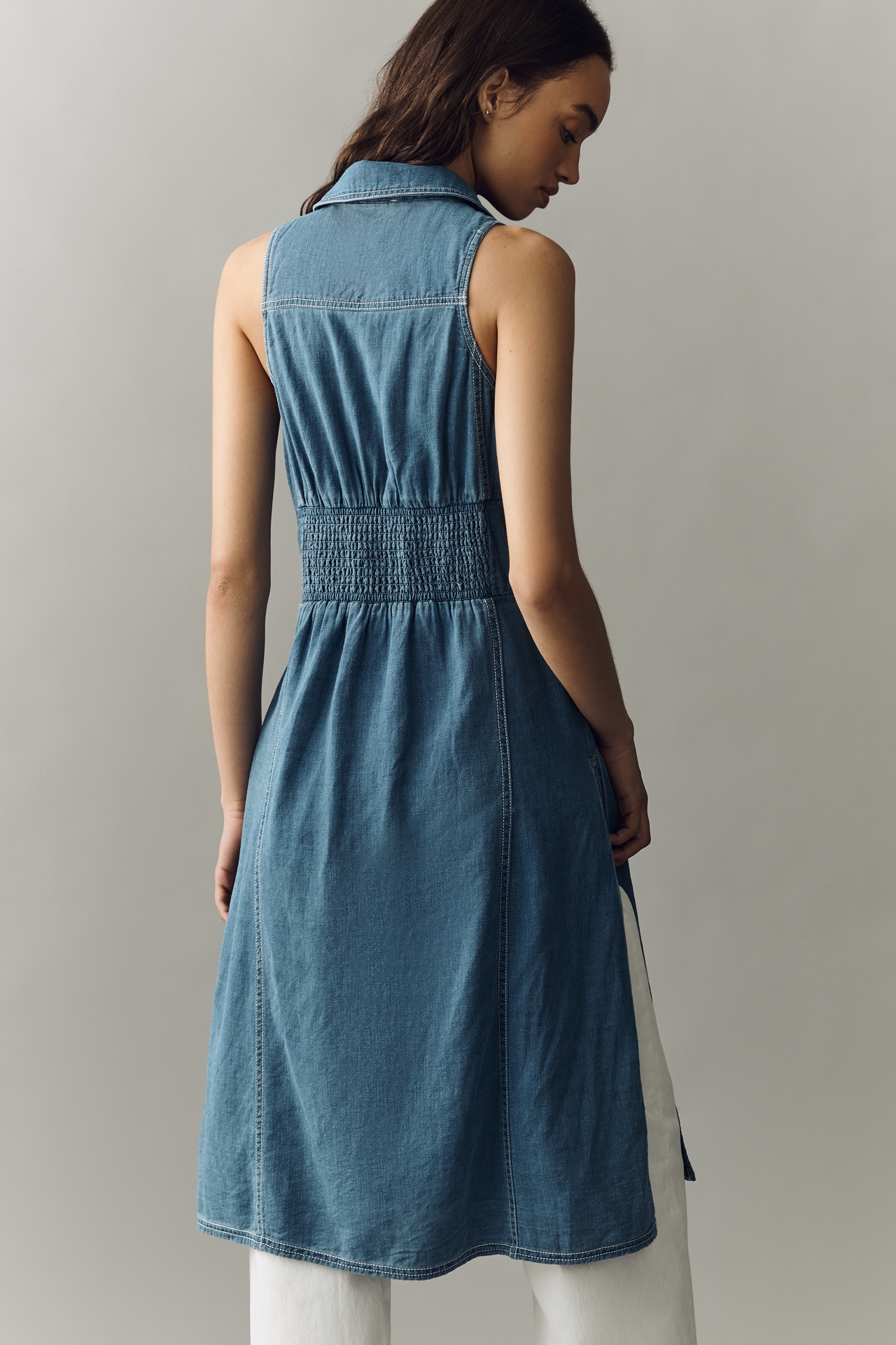 100% Cotton Denim Midi Button-Front Blouse