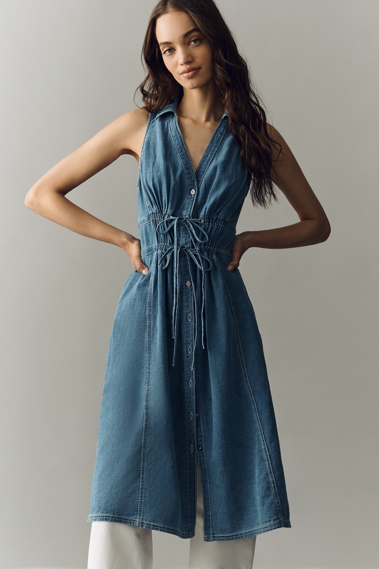 100% Cotton Denim Midi Button-Front Blouse