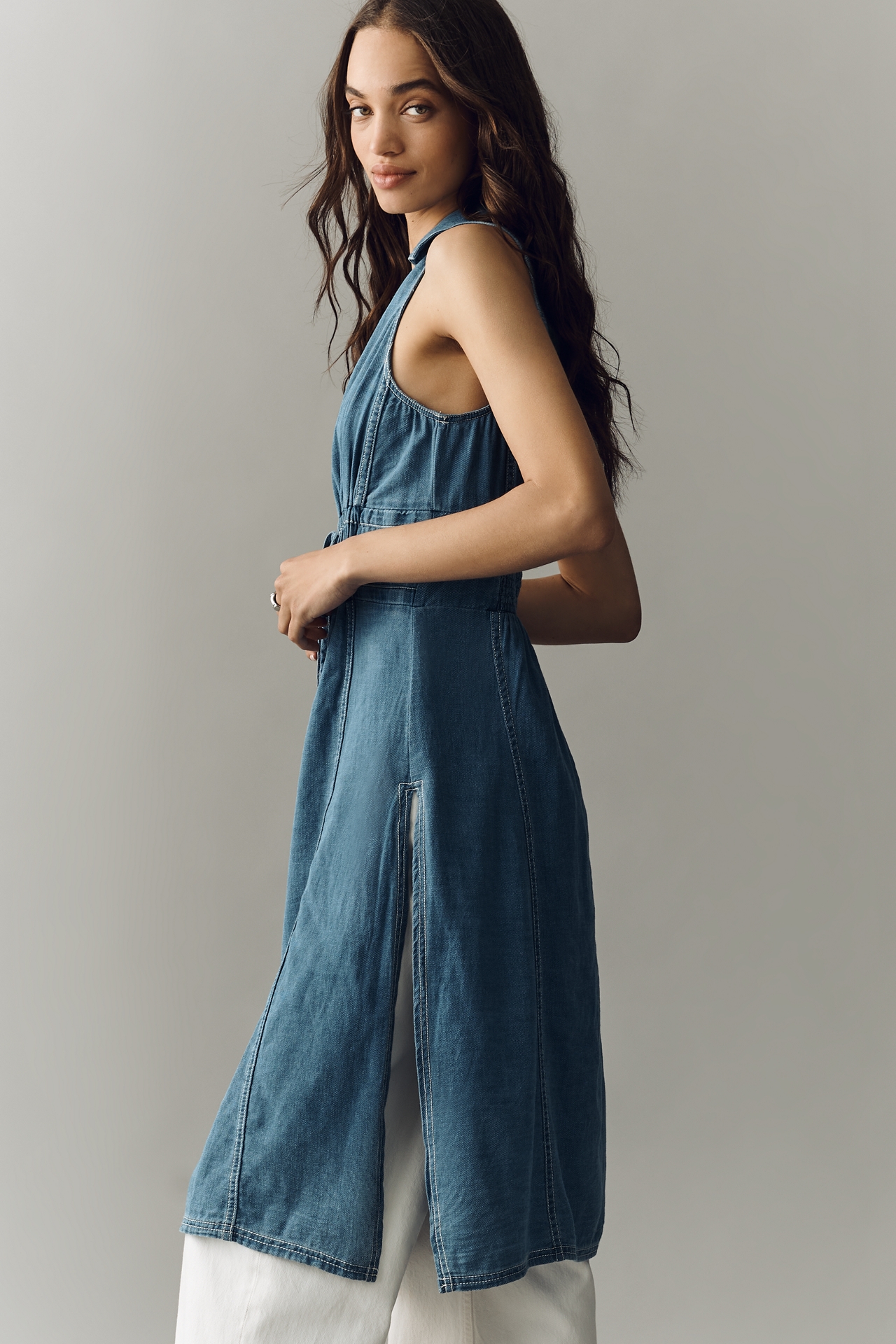 100% Cotton Denim Midi Button-Front Blouse