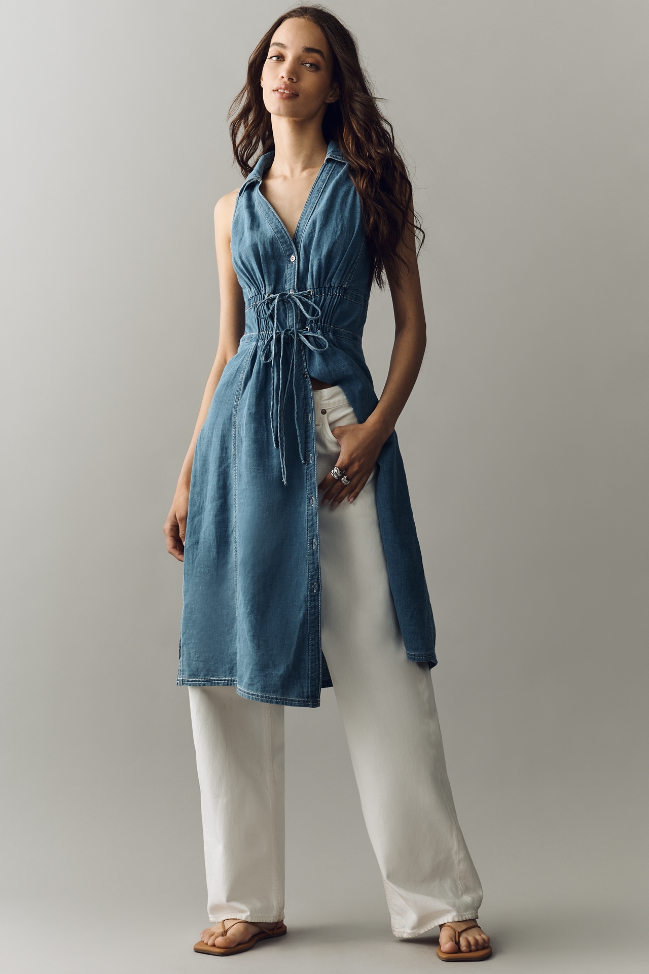 100% Cotton Denim Midi Button-Front Blouse