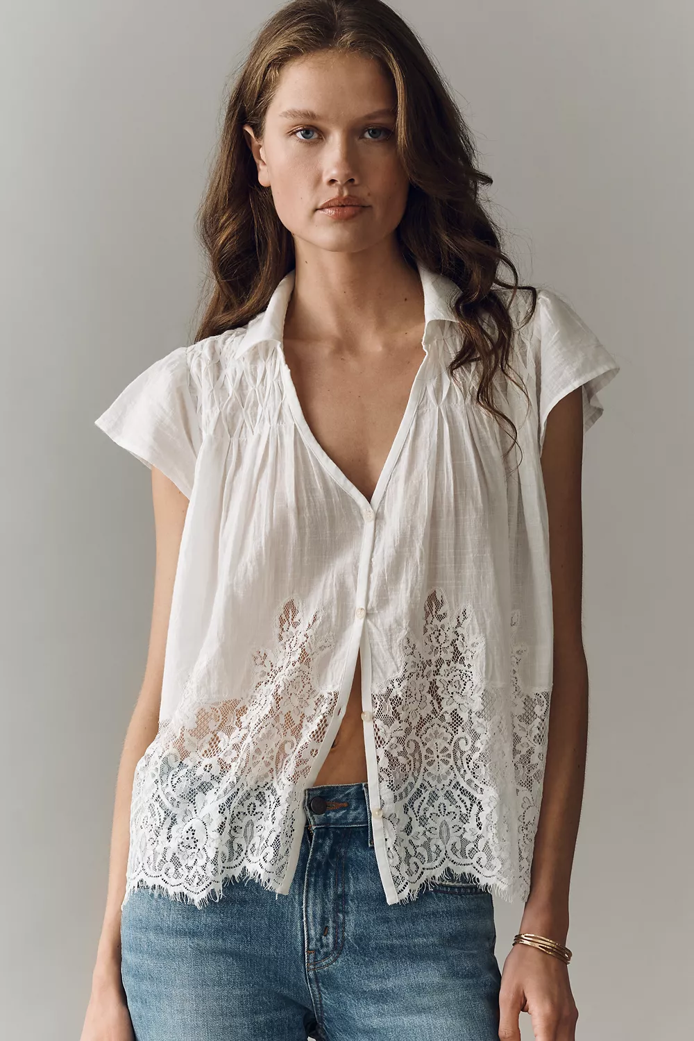 By Anthropologie Cotton Lace Buttondown Shirt