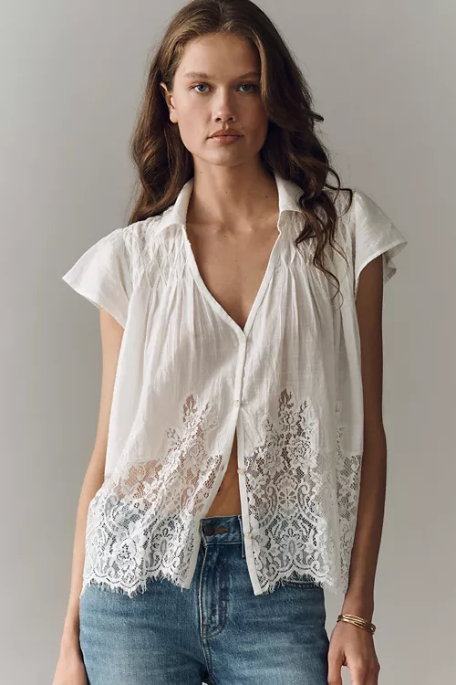 By Anthropologie Cotton Lace Buttondown Shirt