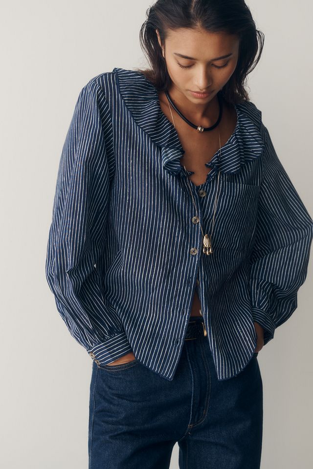 Pilcro Remy Shrunken Ruffle Collar Buttondown Shirt | AnthroHome