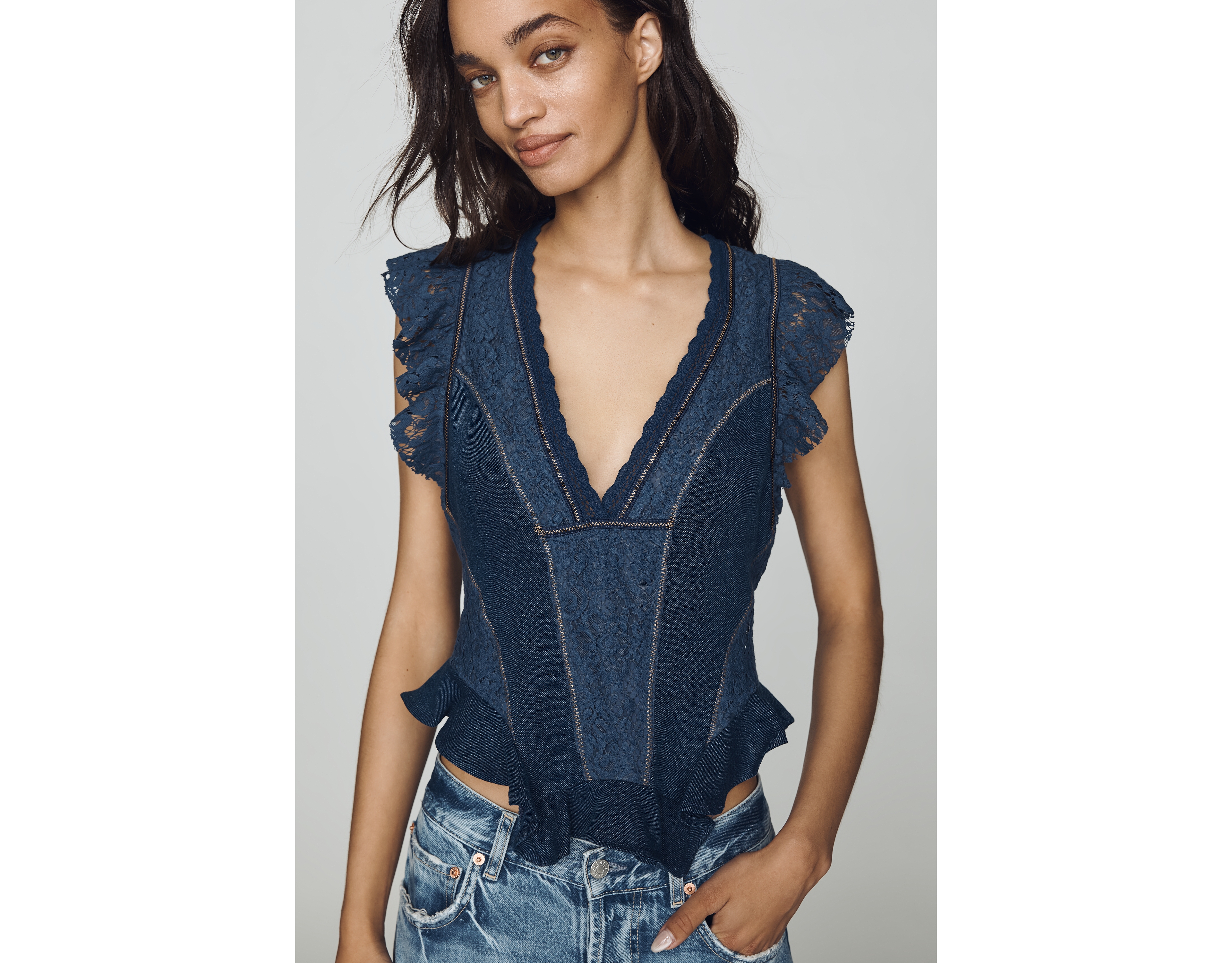 By Anthropologie Lace Flutter-Sleeve Top