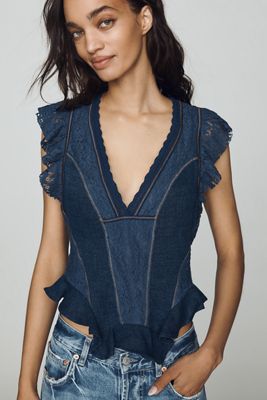 By Anthropologie Lace Flutter-Sleeve Top