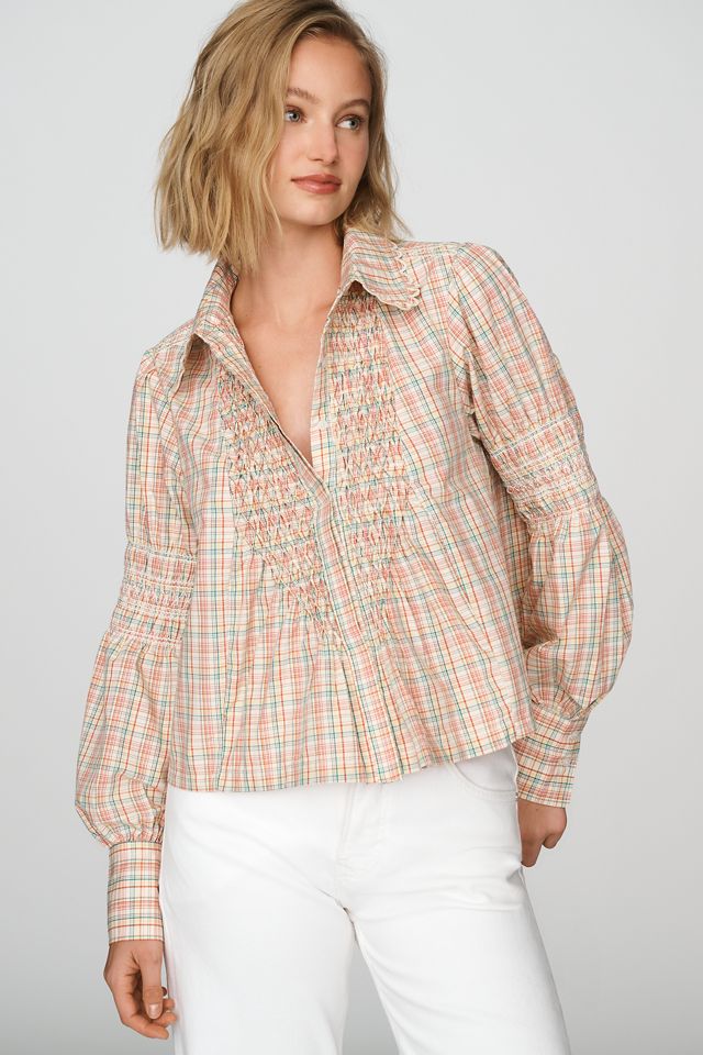 Maeve 100% Cotton Smocked Buttondown Shirt - angle 1