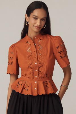 Love The Label Elizabeth Short-sleeve Lace Blouse In Brown