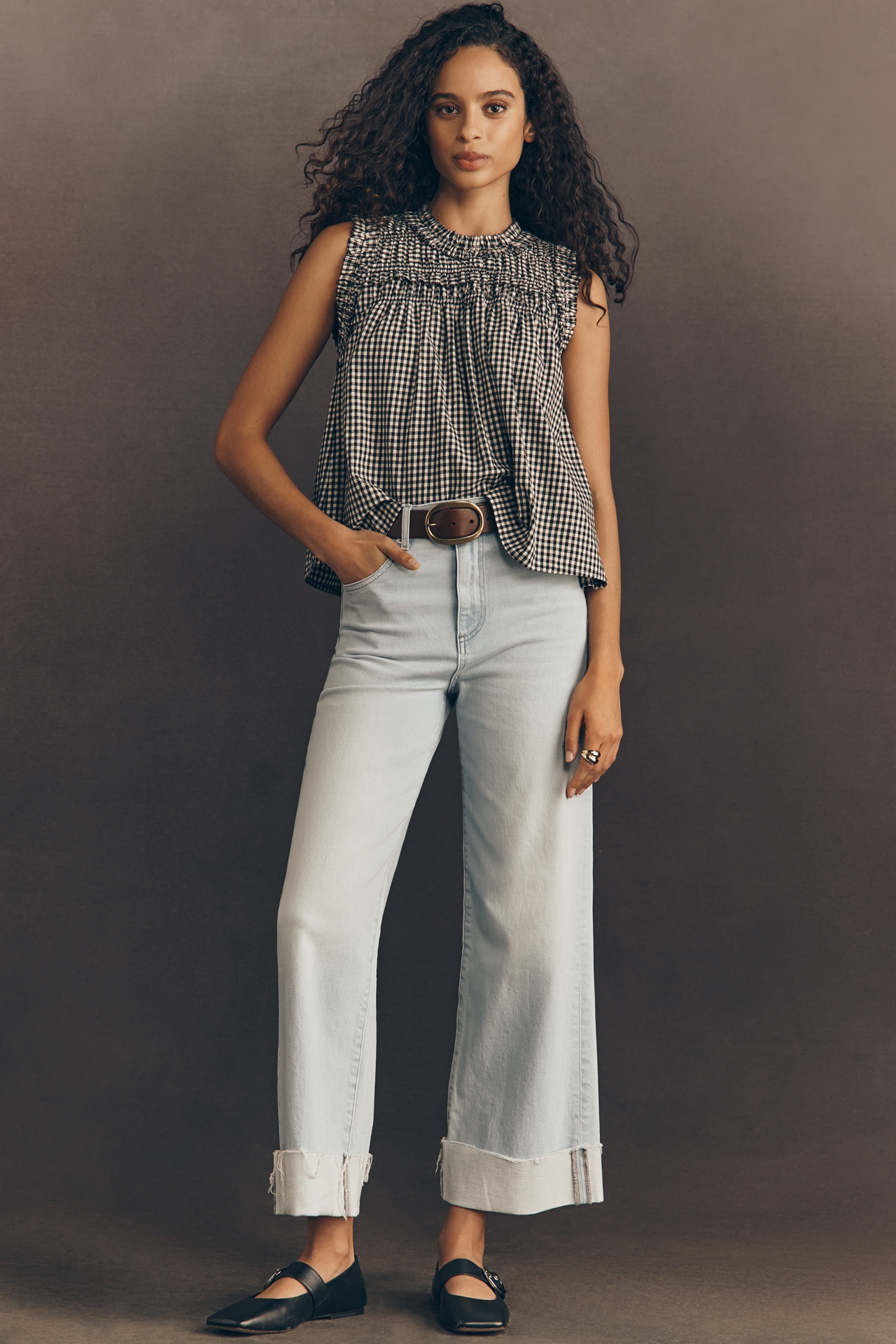 RAISONNEL Gingham Ruffle Sleeveless Swing Top