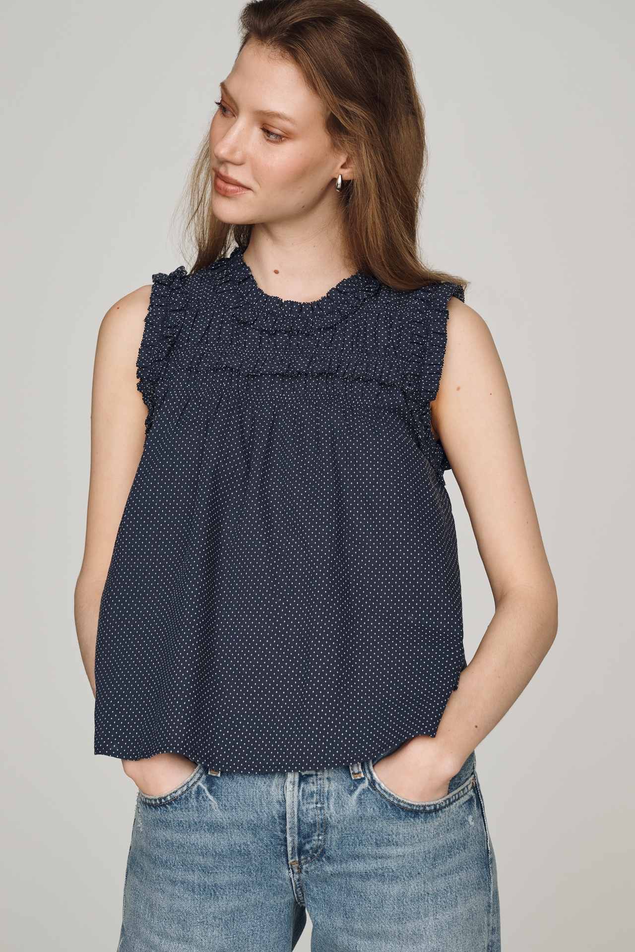 RAISONNEL Ruffle Sleeveless Swing Top