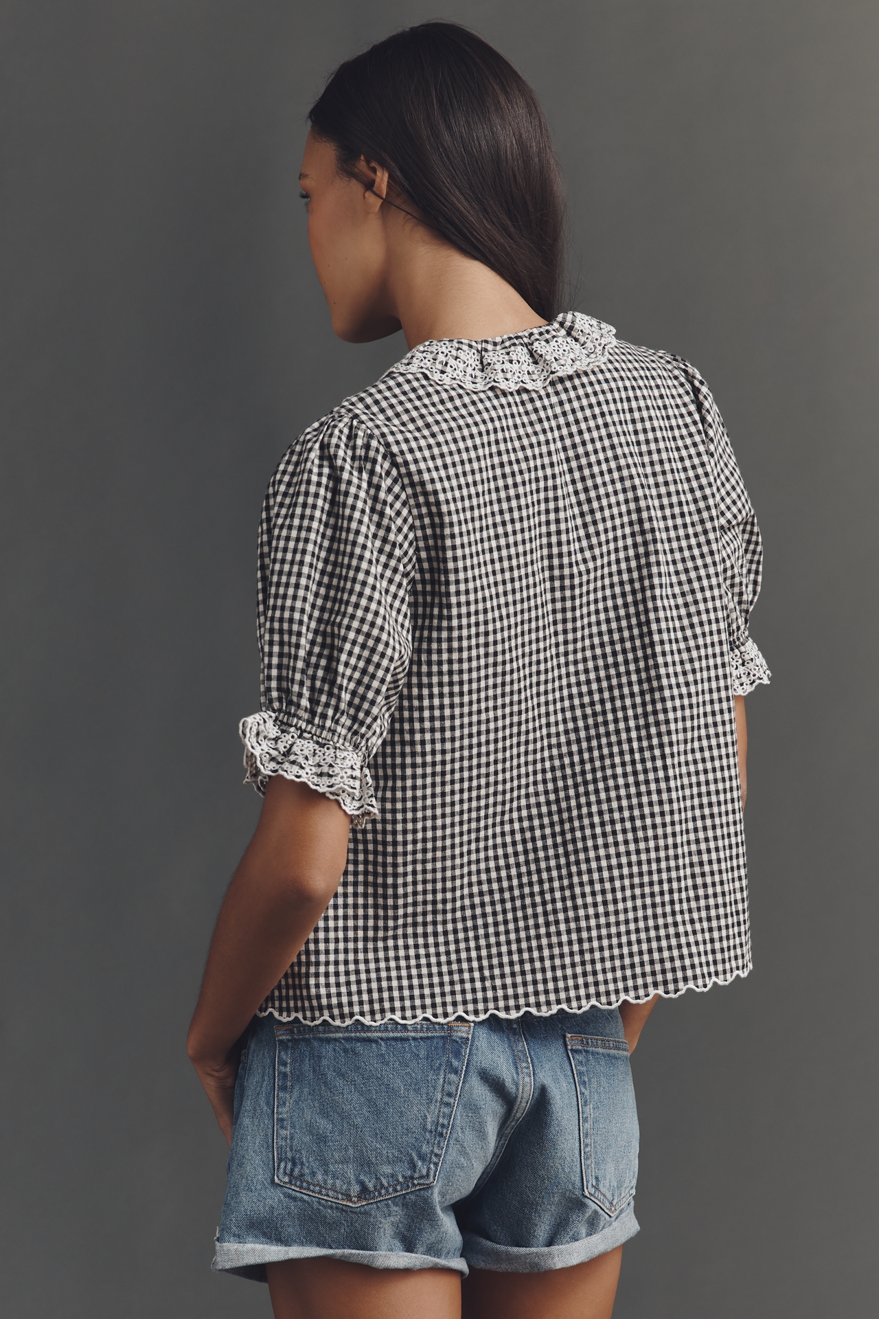 RAISONNEL Gingham Lace Ruffle Top
