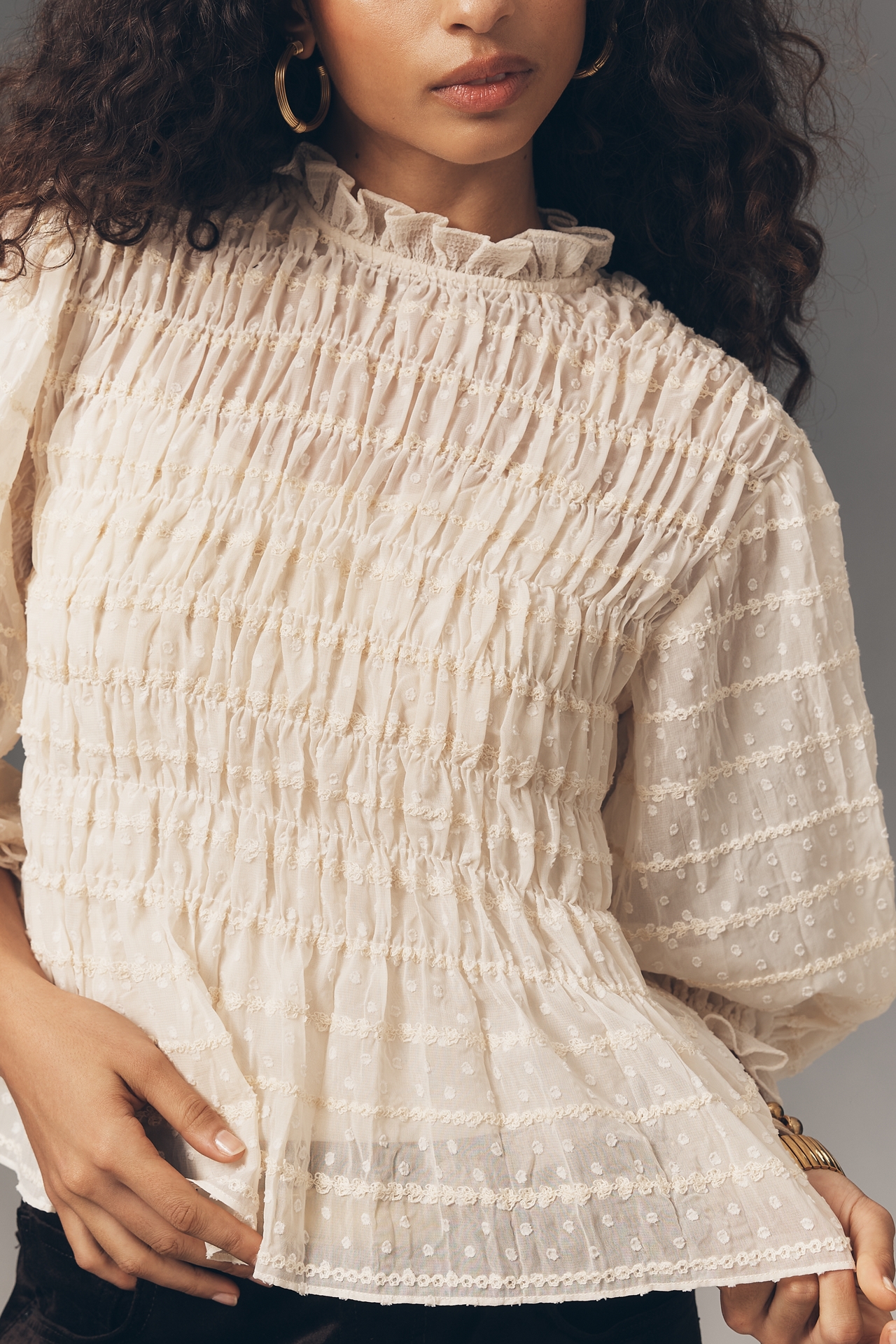 RAISONNEL Romantic Smocked High-Neck Peplum Top