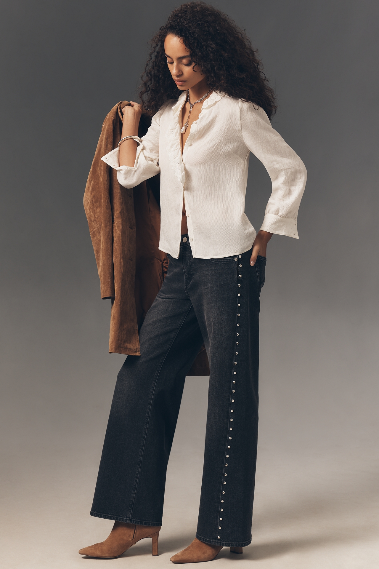 RAISONNEL Crinkled Cotton Ruffle Buttondown Top