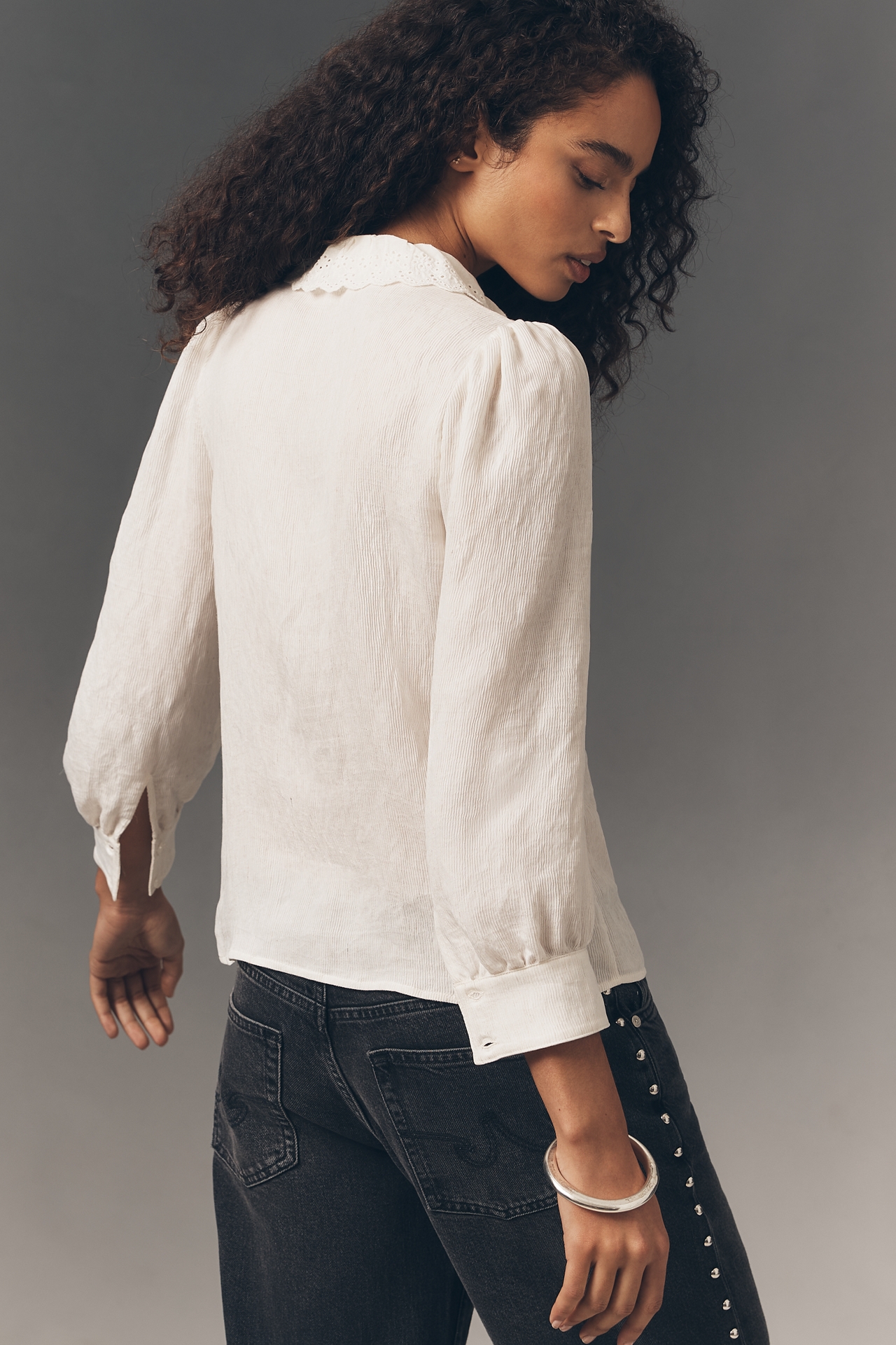 RAISONNEL Crinkled Cotton Ruffle Buttondown Top