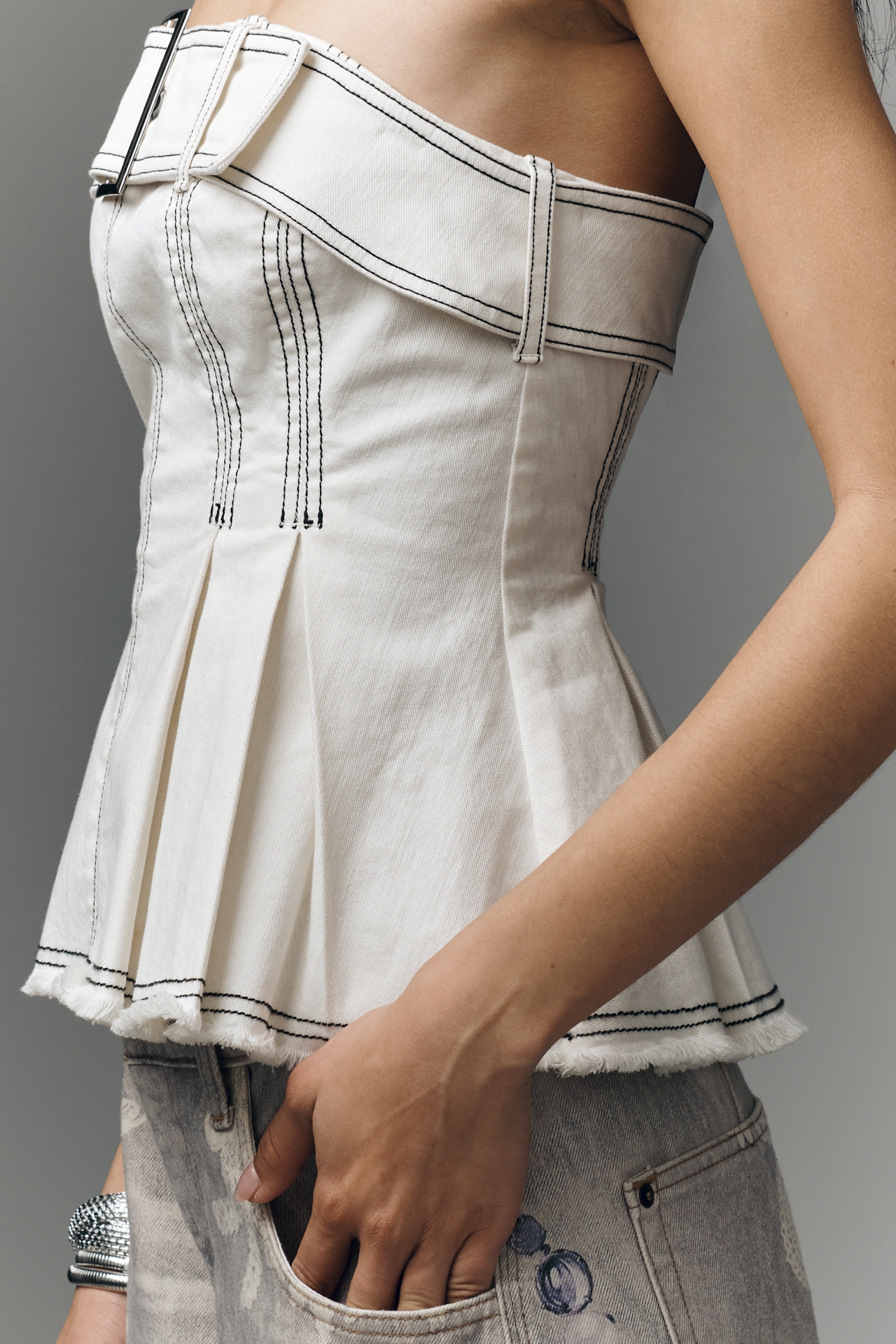 Pilcro Belted Strapless Denim Peplum Top