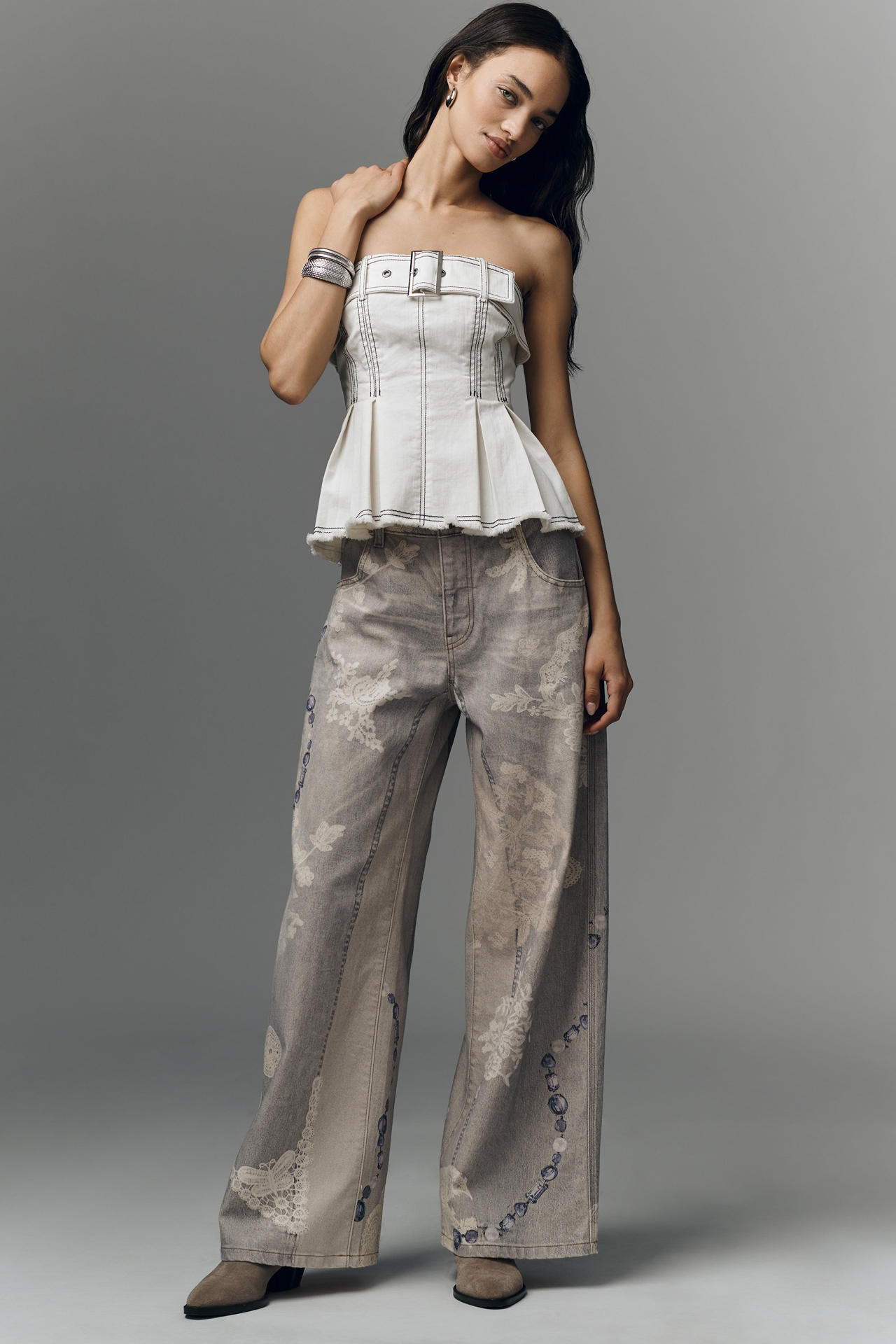 Pilcro Belted Strapless Denim Peplum Top