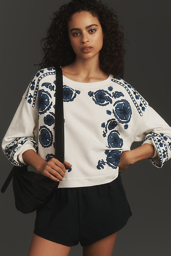 By Anthropologie Long-Sleeve Floral Embroidered Sweatshirt