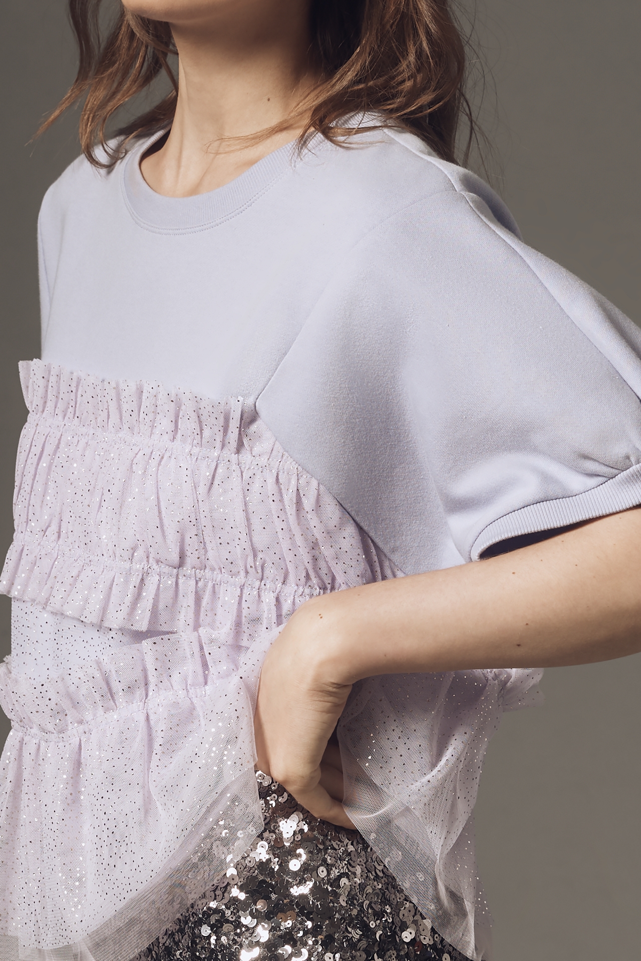 Maeve Short-Sleeve Smocked Ruffled Sweatshirt