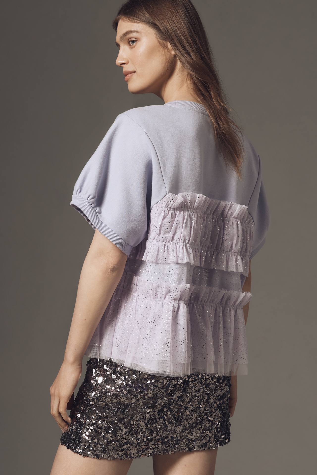 Maeve Short-Sleeve Smocked Ruffled Sweatshirt