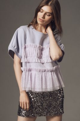 Maeve Short-Sleeve Smocked Ruffled Sweatshirt
