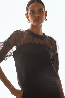 Shop Maeve Short-sleeve Sheer-inset Knit Top In Black