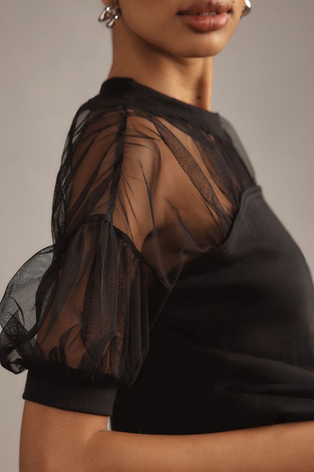 Maeve Short-Sleeve Sheer-Inset Knit Top #2