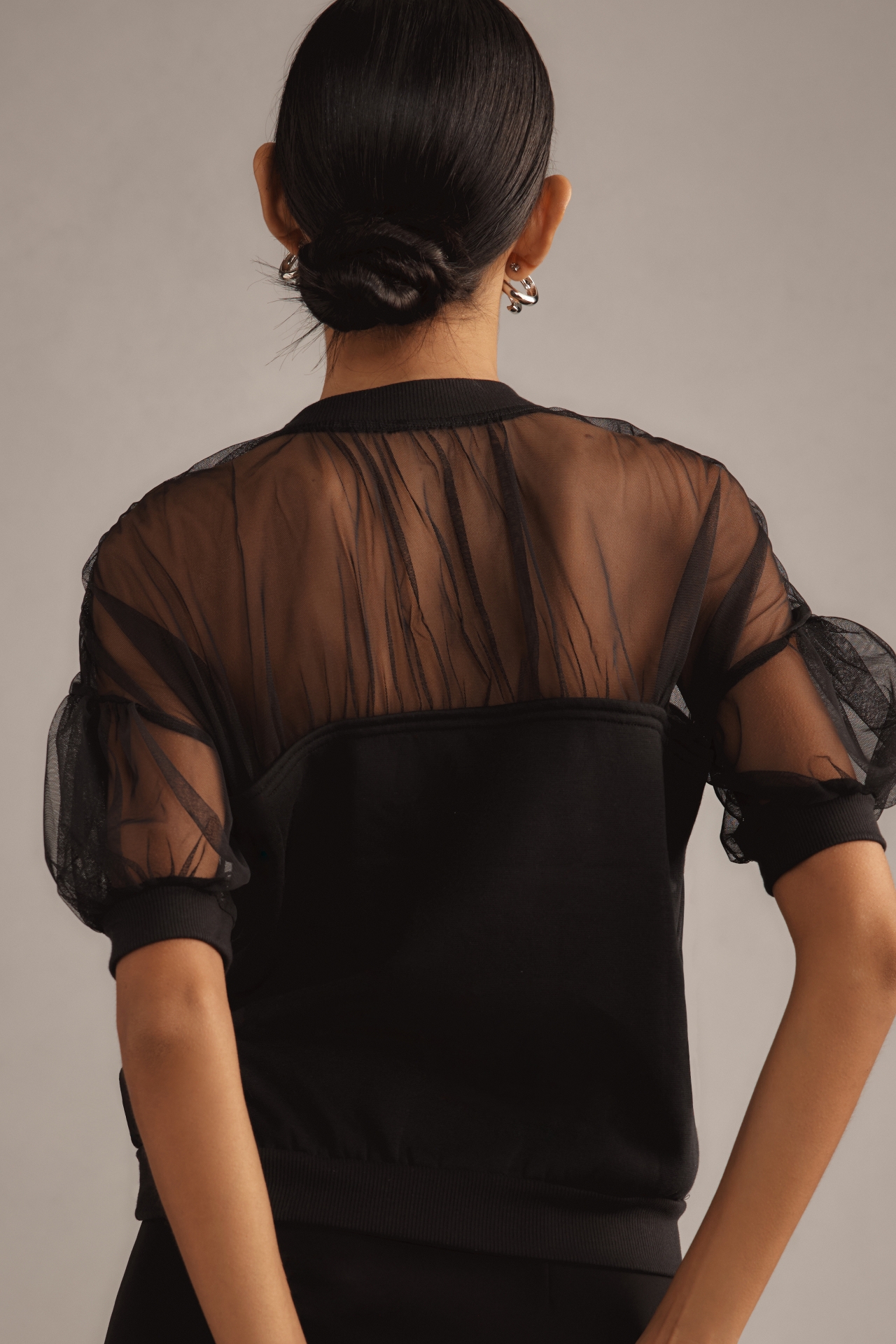 Maeve Short-Sleeve Sheer-Inset Knit Top