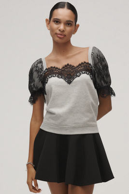 Maeve Puff-sleeve Lace-trim Top In Black