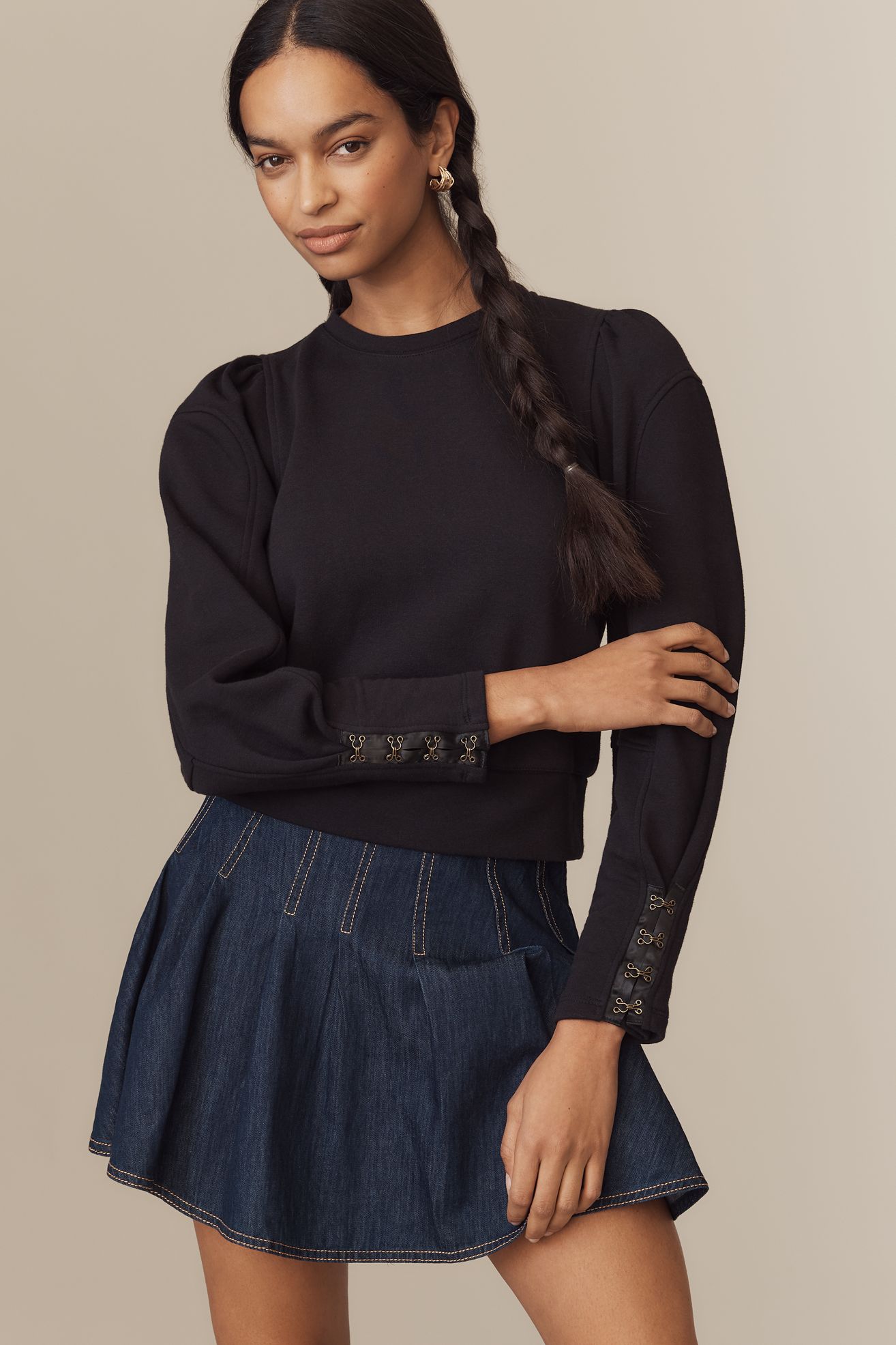 By Anthropologie Fastened Puff-Sleeve Pullover - Carbon, Standard, M