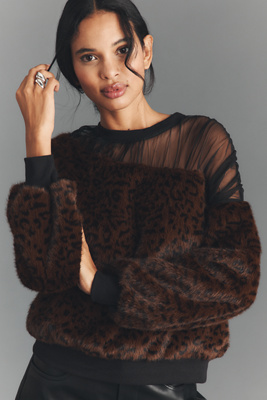 Maeve Faux-fur Inset Pullover Sweatshirt In Brown