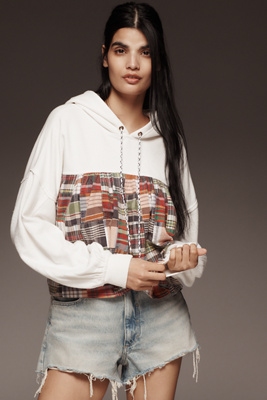 PILCRO LONG-SLEEVE PATCHWORK & KNIT TWOFER HOODIE 