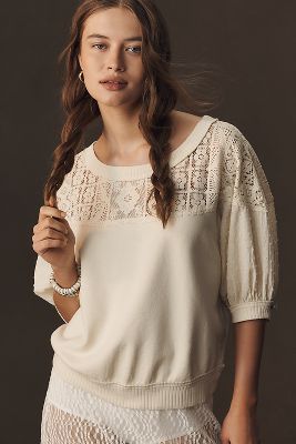 Pilcro Mixed Fabric Crew Neck Elbow Sleeve Top