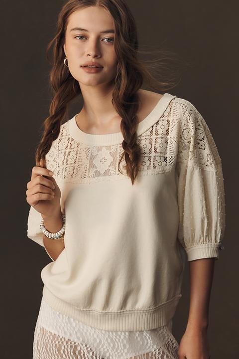 Pilcro Mixed Fabric Crew Neck Elbow Sleeve Top