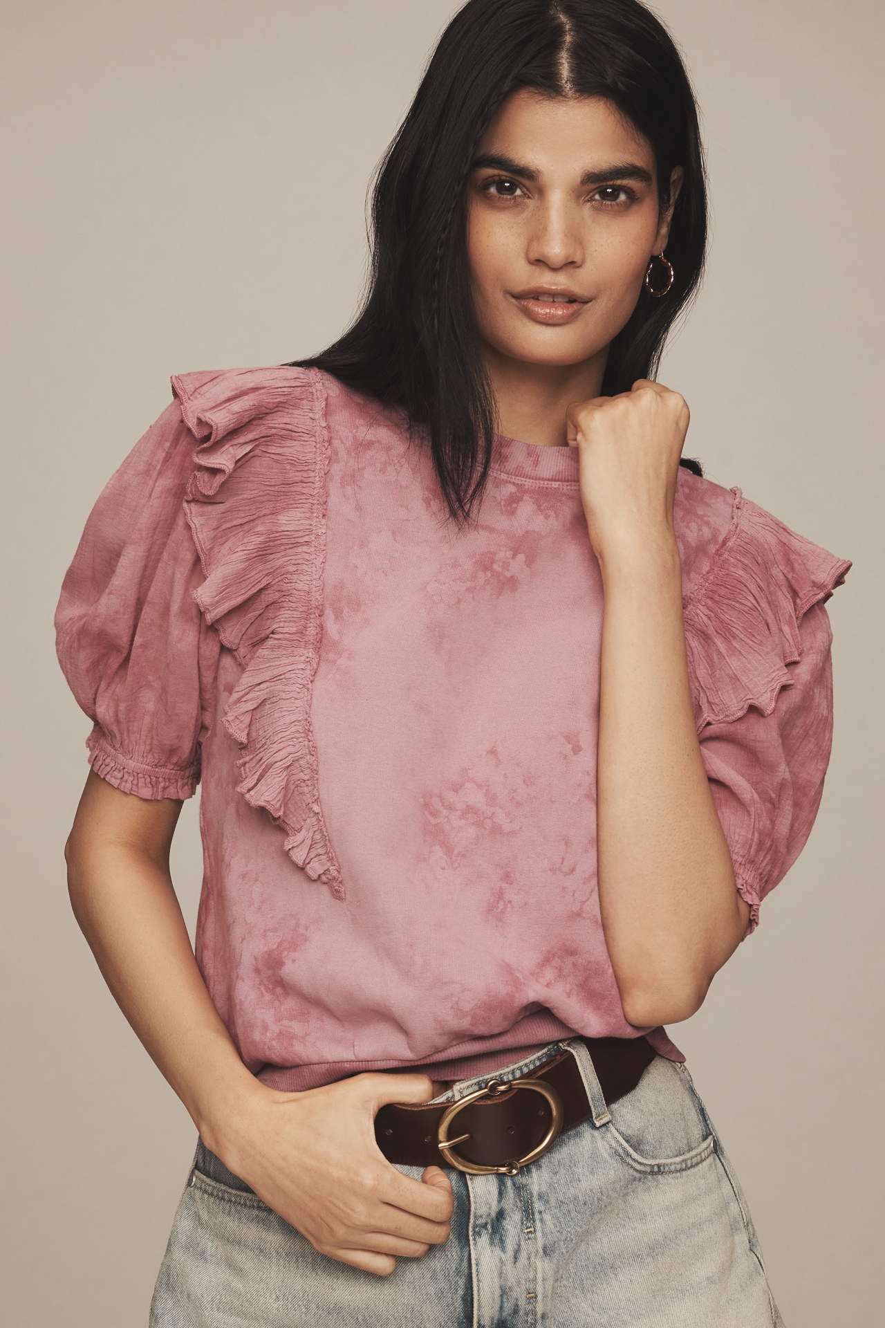 By Anthropologie Short-Sleeve Ruffled Tie-Dye Sweatshirt
