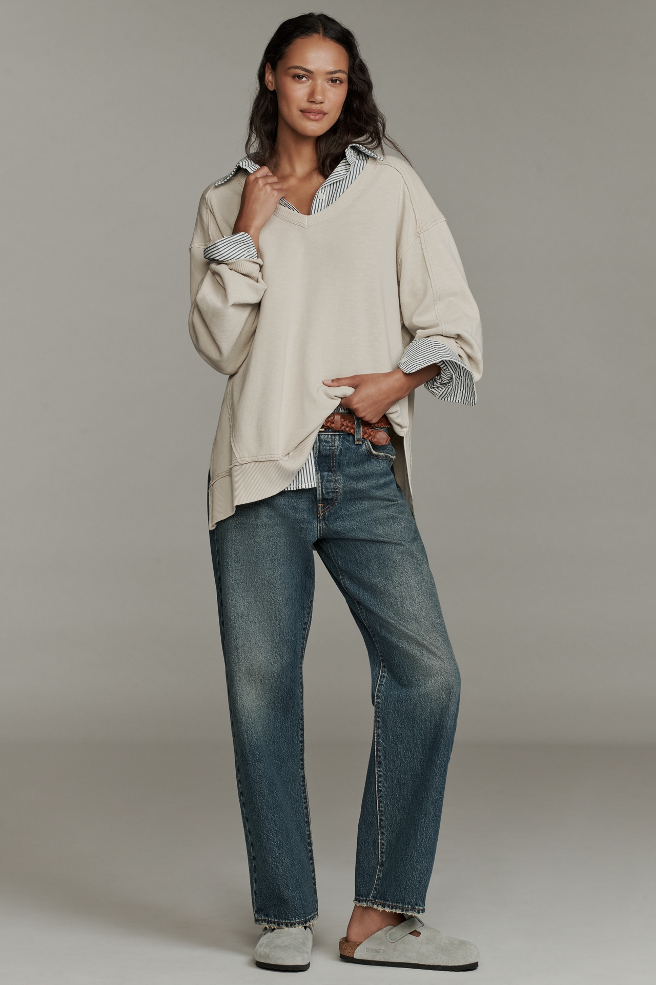 Pilcro Long-Sleeve V-Neck Oversized Popover Top